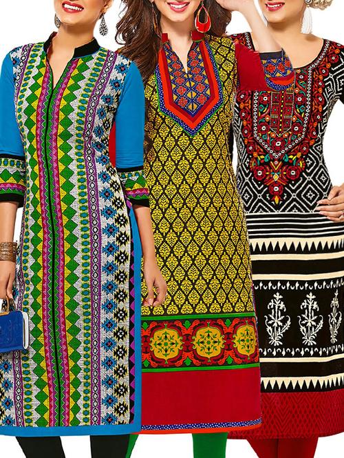 set of 3 multi colored cotton unstitched kurta - 13377492 - Very Small Image - 1