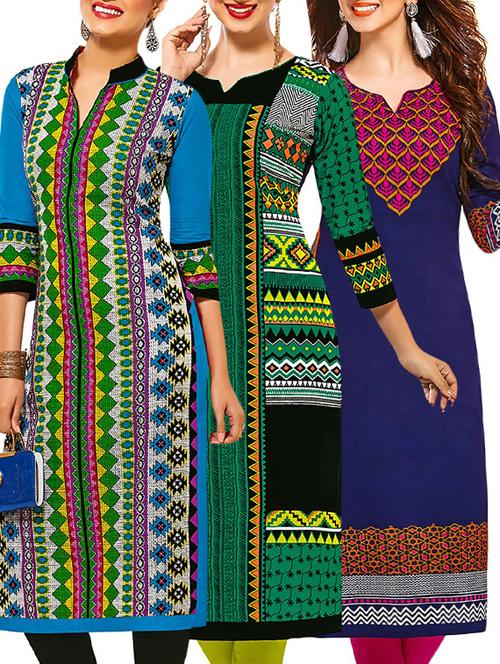 set of 3 multi colored cotton unstitched kurta - 13377498 - Very Small Image - 1