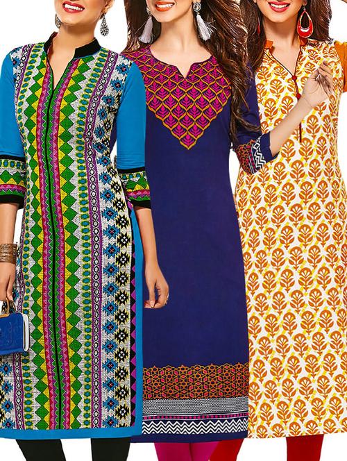 set of 3 multi colored cotton unstitched kurta - 13377501 - Very Small Image - 1