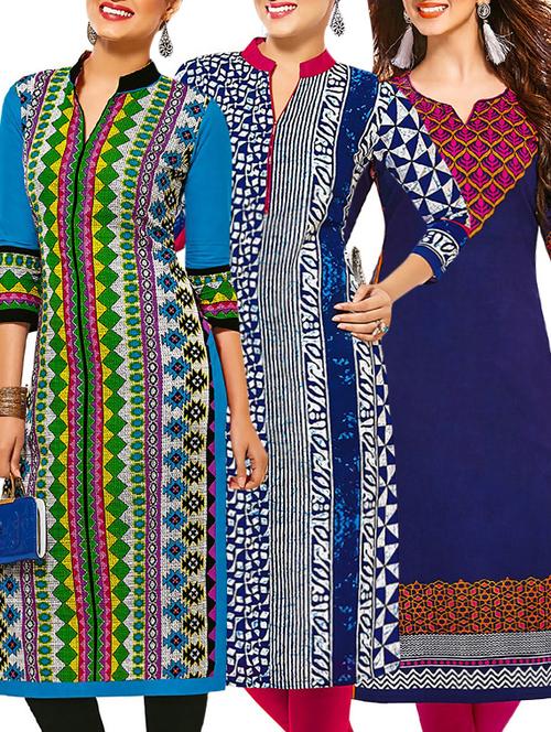 set of 3 multi colored cotton unstitched kurta - 13377502 - Very Small Image - 1