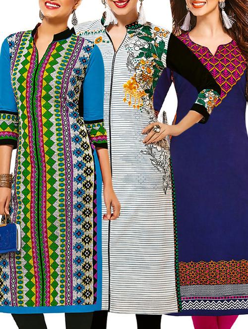 set of 3 multi colored cotton unstitched kurta - 13377508 - Very Small Image - 1