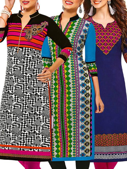 set of 3 multi colored cotton unstitched kurta - 13377511 - Very Small Image - 1