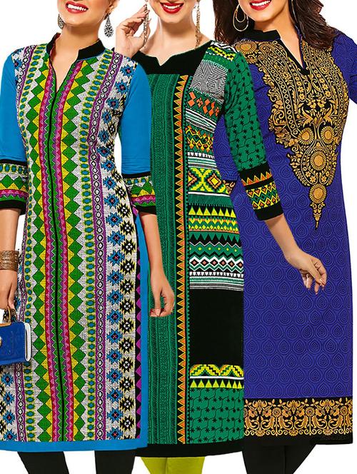 set of 3 multi colored cotton unstitched kurta - 13377515 - Very Small Image - 1