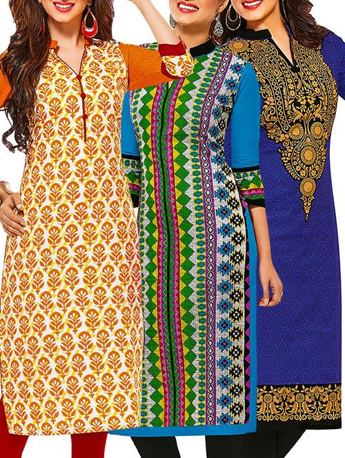 set of 3 multi colored cotton unstitched kurta - 13377518 - Very Small Image - 1