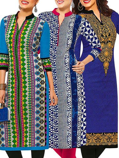 set of 3 multi colored cotton unstitched kurta - 13377519 - Very Small Image - 1
