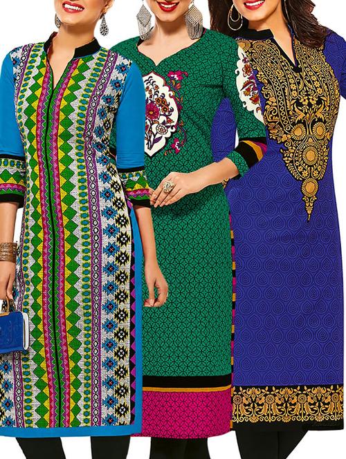 set of 3 multi colored cotton unstitched kurta - 13377520 - Very Small Image - 1