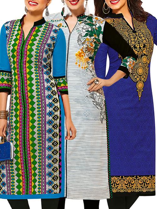 set of 3 multi colored cotton unstitched kurta - 13377525 - Very Small Image - 1