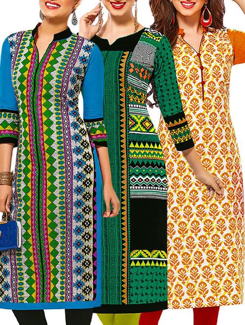 set of 3 multi colored cotton unstitched kurta - 13377534 - Very Small Image - 1