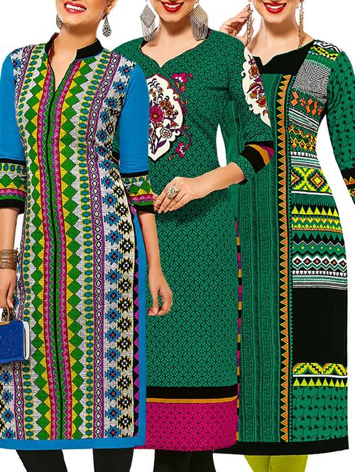 set of 3 multi colored cotton unstitched kurta - 13377536 - Very Small Image - 1