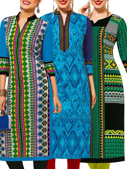 set of 3 multi colored cotton unstitched kurta - 13377542 - Very Small Image - 1