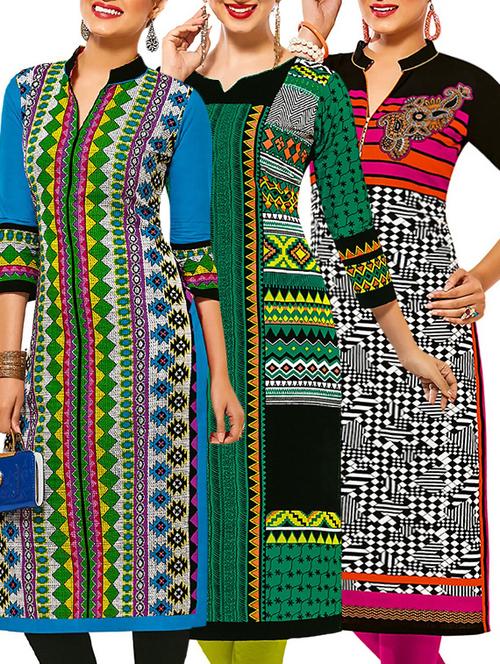 set of 3 multi colored cotton unstitched kurta - 13377544 - Very Small Image - 1