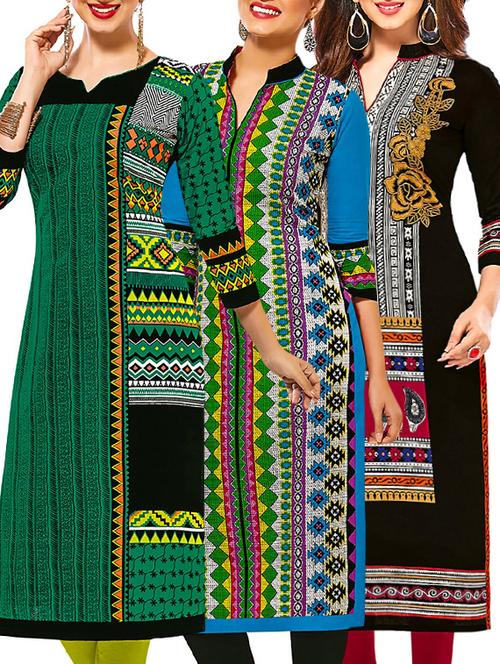 set of 3 multi colored cotton unstitched kurta - 13377546 - Very Small Image - 1