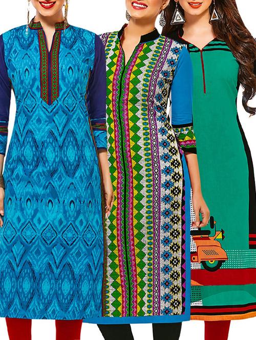 set of 3 multi colored cotton unstitched kurta - 13377557 - Very Small Image - 1