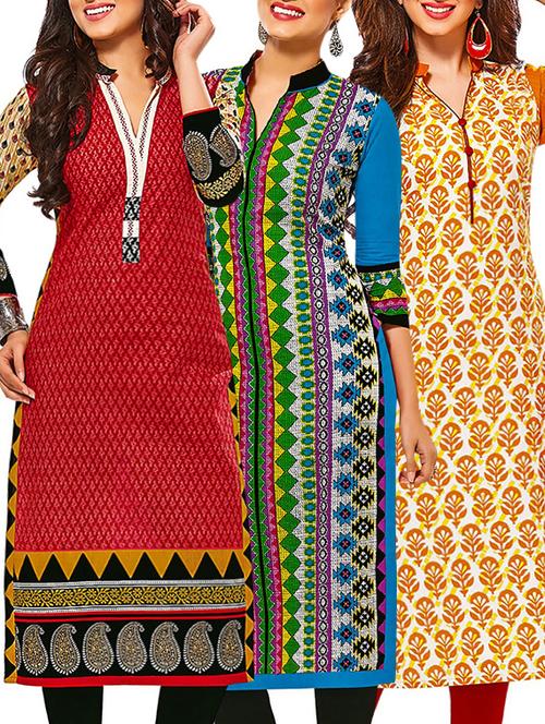 set of 3 multi colored cotton unstitched kurta - 13377563 - Very Small Image - 1