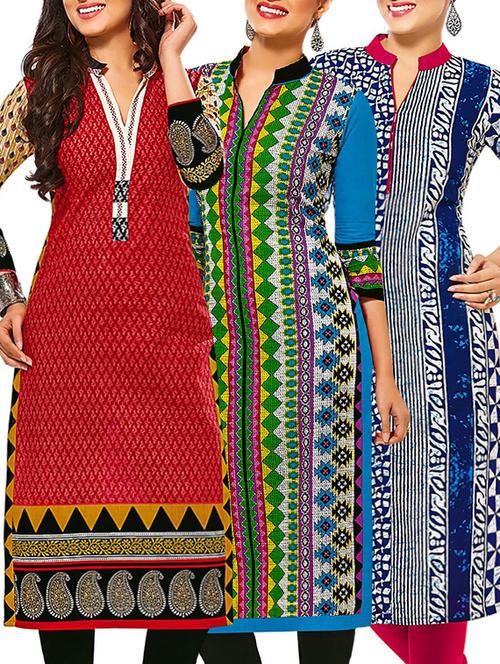 set of 3 multi colored cotton unstitched kurta - 13377564 - Very Small Image - 1