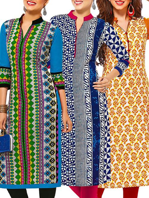 set of 3 multi colored cotton unstitched kurta - 13377577 - Very Small Image - 1