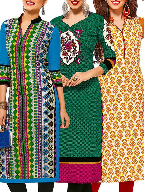 set of 3 multi colored cotton unstitched kurta - 13377578 - Very Small Image - 1