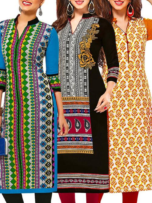 set of 3 multi colored cotton unstitched kurta - 13377588 - Very Small Image - 1