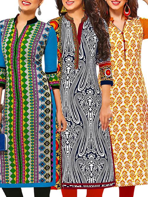 set of 3 multi colored cotton unstitched kurta - 13377589 - Very Small Image - 1