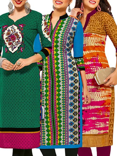 set of 3 multi colored cotton unstitched kurta - 13377605 - Very Small Image - 1