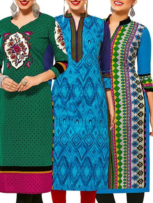 set of 3 multi colored cotton unstitched kurta - 13377607 - Very Small Image - 1