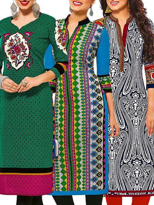 set of 3 multi colored cotton unstitched kurta - 13377612 - Very Small Image - 1