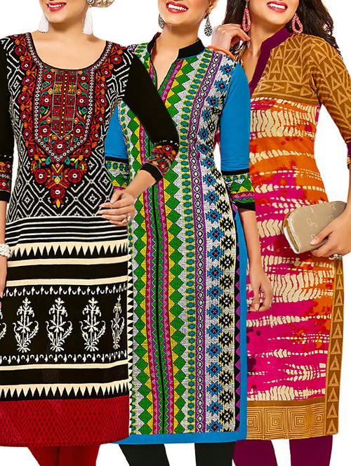 set of 3 multi colored cotton unstitched kurta - 13377642 - Very Small Image - 1