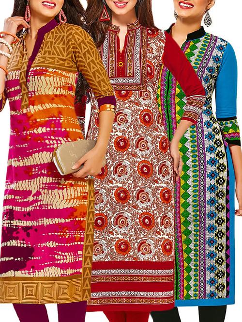 set of 3 multi colored cotton unstitched kurta - 13377644 - Very Small Image - 1