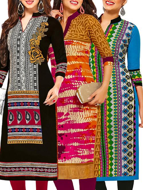 set of 3 multi colored cotton unstitched kurta - 13377645 - Very Small Image - 1
