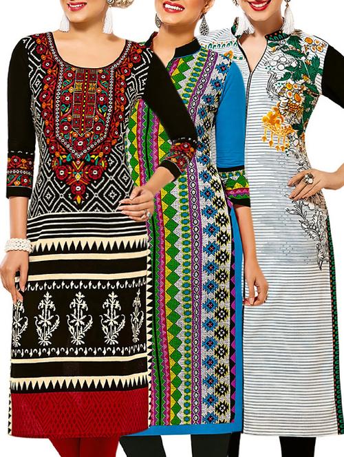 set of 3 multi colored cotton unstitched kurta - 13377648 - Very Small Image - 1