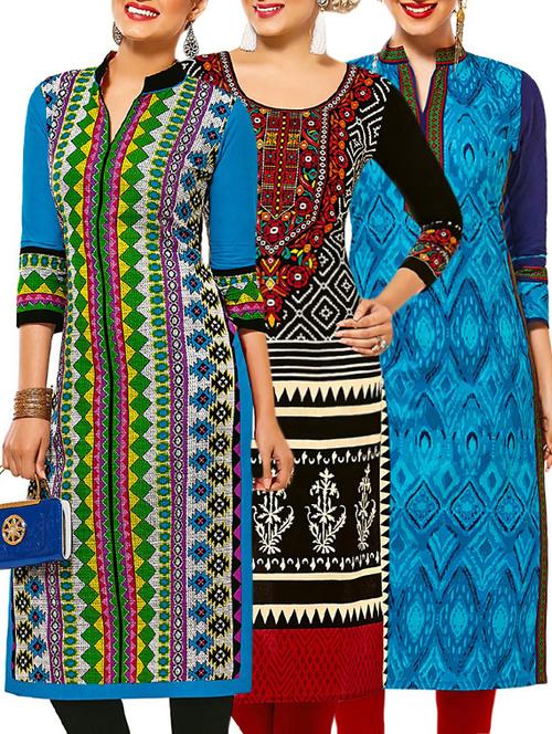 set of 3 multi colored cotton unstitched kurta - 13377653 - Very Small Image - 1