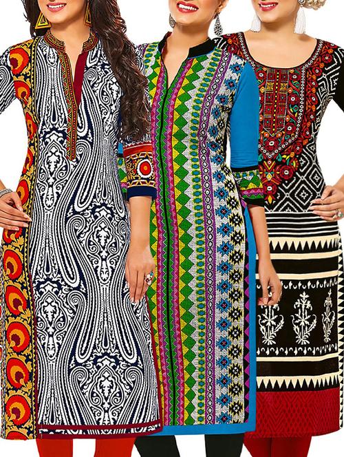set of 3 multi colored cotton unstitched kurta - 13377661 - Very Small Image - 1