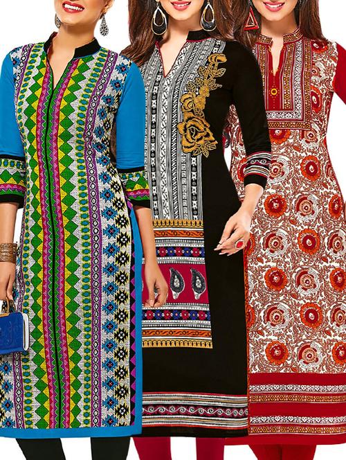 set of 3 multi colored cotton unstitched kurta - 13377665 - Very Small Image - 1