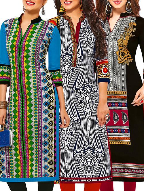 set of 3 multi colored cotton unstitched kurta - 13377667 - Very Small Image - 1