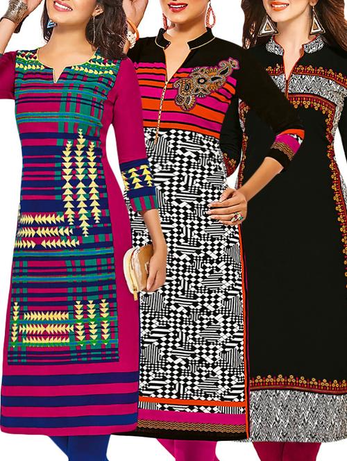 set of 3 multi colored cotton unstitched kurta - 13377684 - Very Small Image - 1
