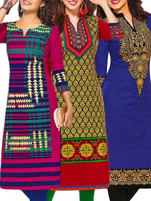 set of 3 multi colored cotton unstitched kurta - 13377689 - Very Small Image - 1