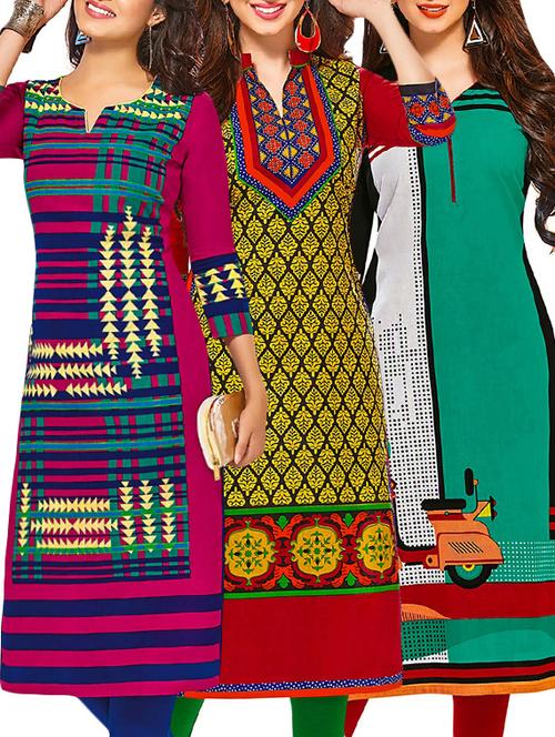 set of 3 multi colored cotton unstitched kurta - 13377691 - Very Small Image - 1