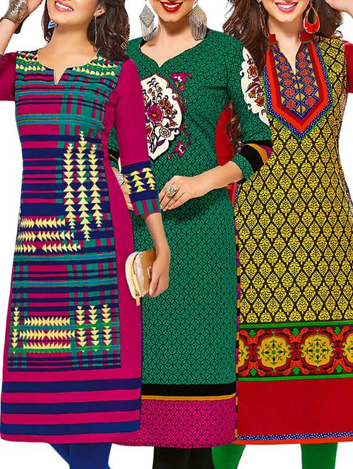 set of 3 multi colored cotton unstitched kurta - 13377695 - Very Small Image - 1