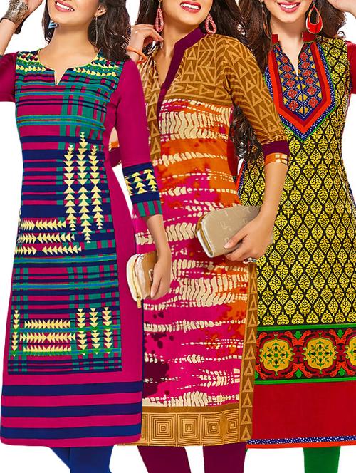 set of 3 multi colored cotton unstitched kurta - 13377699 - Very Small Image - 1