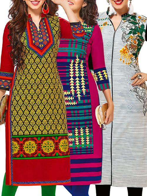 set of 3 multi colored cotton unstitched kurta - 13377700 - Very Small Image - 1