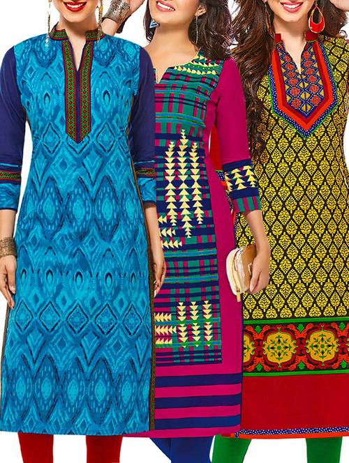 set of 3 multi colored cotton unstitched kurta - 13377701 - Very Small Image - 1