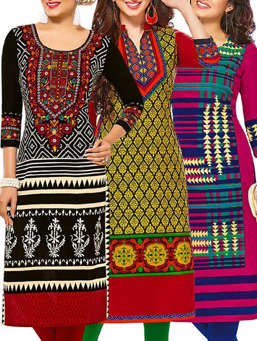 set of 3 multi colored cotton unstitched kurta - 13377702 - Very Small Image - 1