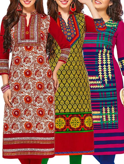 set of 3 multi colored cotton unstitched kurta - 13377704 - Very Small Image - 1