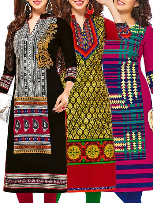 set of 3 multi colored cotton unstitched kurta - 13377705 - Very Small Image - 1