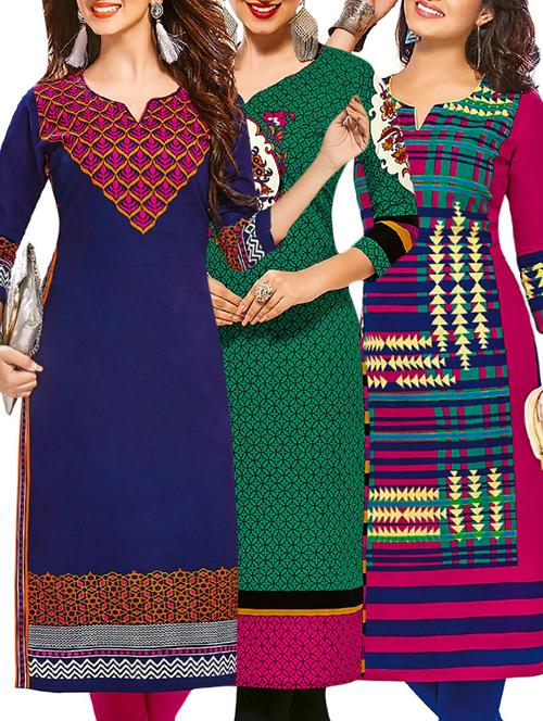 set of 3 multi colored cotton unstitched kurta - 13377713 - Very Small Image - 1