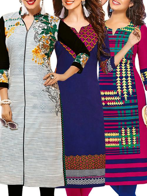set of 3 multi colored cotton unstitched kurta - 13377718 - Very Small Image - 1