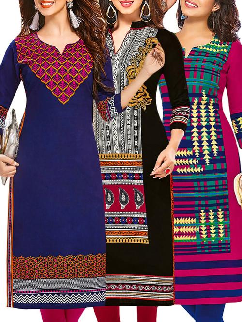 set of 3 multi colored cotton unstitched kurta - 13377723 - Very Small Image - 1