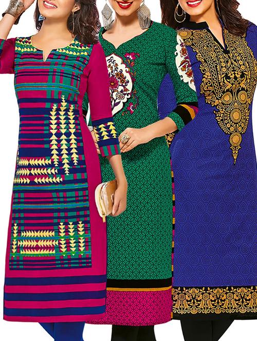 set of 3 multi colored cotton unstitched kurta - 13377730 - Very Small Image - 1