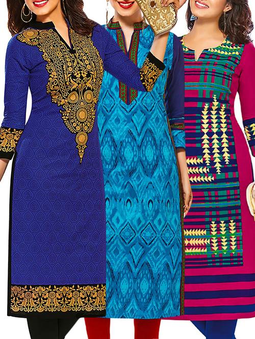 set of 3 multi colored cotton unstitched kurta - 13377736 - Very Small Image - 1