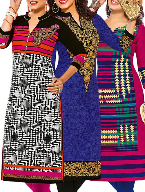 set of 3 multi colored cotton unstitched kurta - 13377738 - Very Small Image - 1